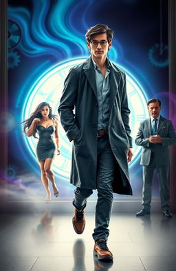 A handsome young scientist with short dark hair and stylish glasses, confidently walking away from a glowing time portal/machine