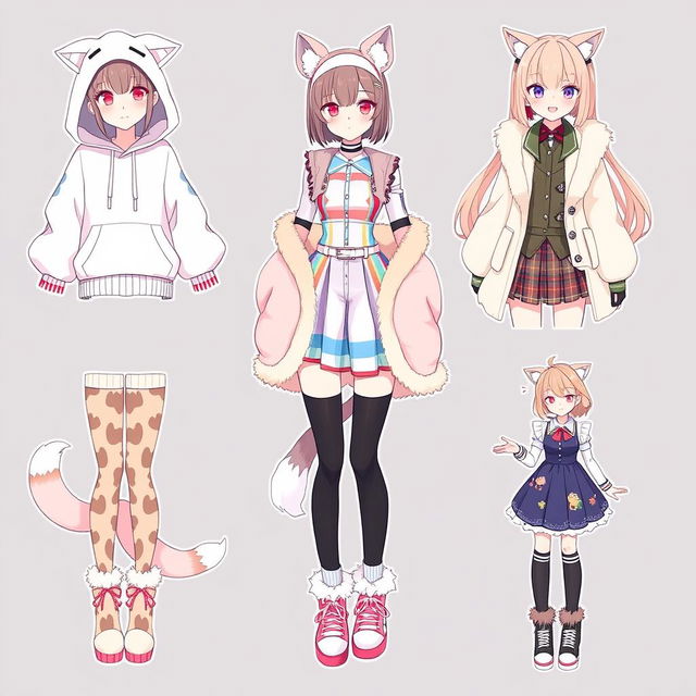 A delightful collection of outfit ideas for an anime girl inspired by a furry girl theme, blending cute animal characteristics with trendy fashion