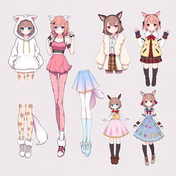 A delightful collection of outfit ideas for an anime girl inspired by a furry girl theme, blending cute animal characteristics with trendy fashion