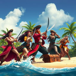 A dramatic scene depicting women pirates fiercely battling against a male pirate on a tropical island, surrounded by lush greenery and palm trees