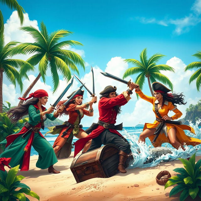 A dramatic scene depicting women pirates fiercely battling against a male pirate on a tropical island, surrounded by lush greenery and palm trees