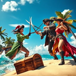 A dramatic scene depicting women pirates fiercely battling against a male pirate on a tropical island, surrounded by lush greenery and palm trees