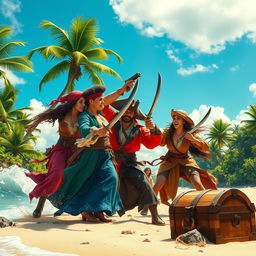 A dramatic scene depicting women pirates fiercely battling against a male pirate on a tropical island, surrounded by lush greenery and palm trees