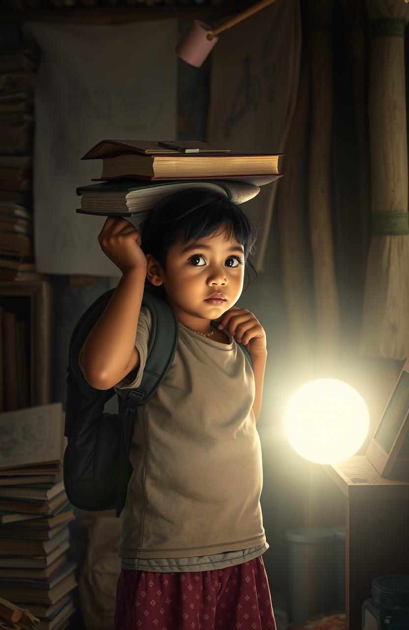 A young girl carrying the weight of her family's challenges on her shoulders, depicting her strength and determination