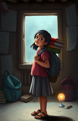 A young girl carrying the weight of her family's challenges on her shoulders, depicting her strength and determination