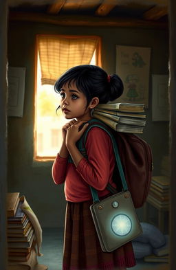A young girl carrying the weight of her family's challenges on her shoulders, depicting her strength and determination