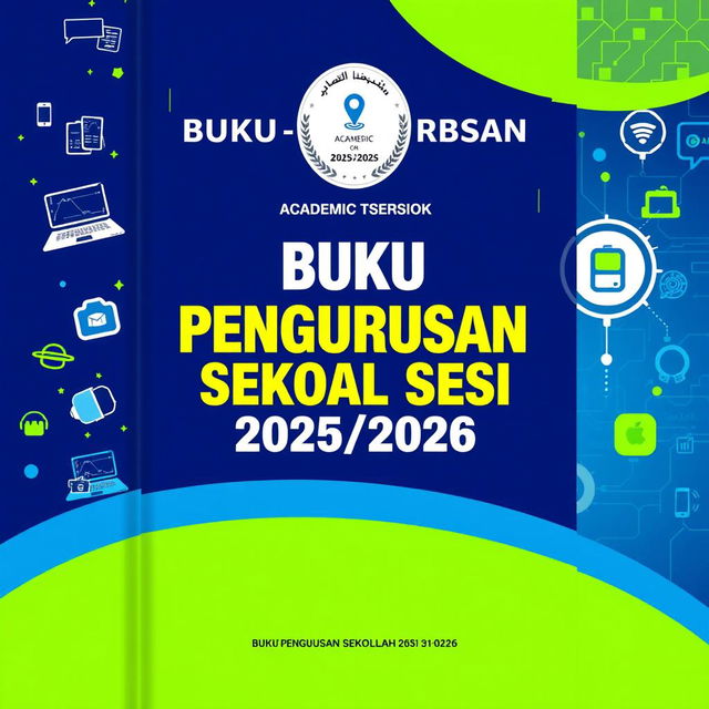 A visually engaging cover design for a school management book for the academic session 2025/2026, prominently featuring elements of digital technology