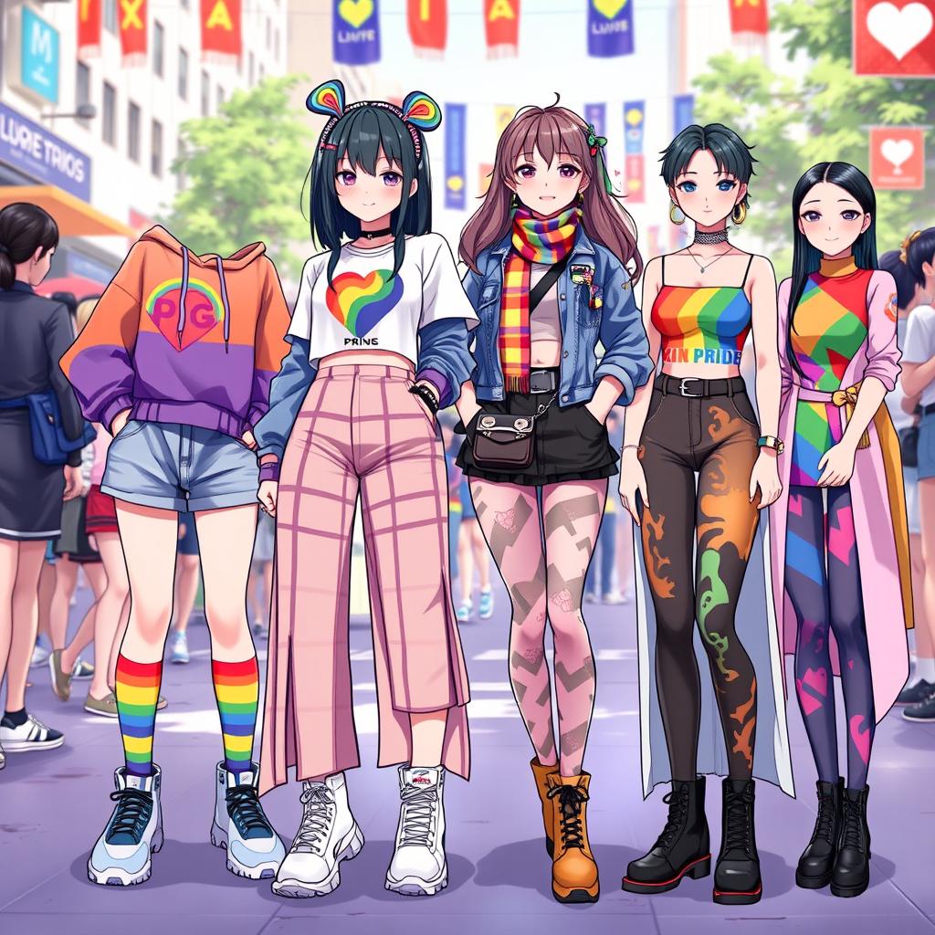 A vibrant collection of outfit ideas for an anime girl inspired by an LGBTQ+ theme, celebrating diversity and individuality