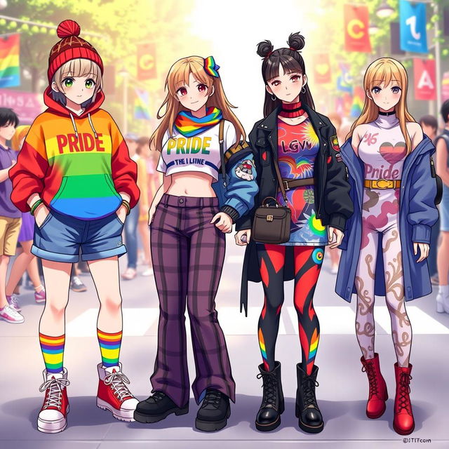 A vibrant collection of outfit ideas for an anime girl inspired by an LGBTQ+ theme, celebrating diversity and individuality