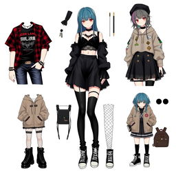 A diverse collection of outfit ideas for an anime girl inspired by an emo girl theme, showcasing dark, edgy, and expressive fashion styles