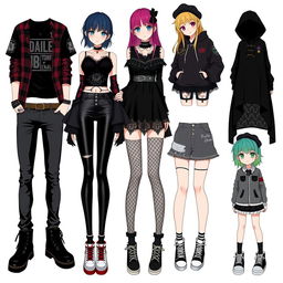 A diverse collection of outfit ideas for an anime girl inspired by an emo girl theme, showcasing dark, edgy, and expressive fashion styles
