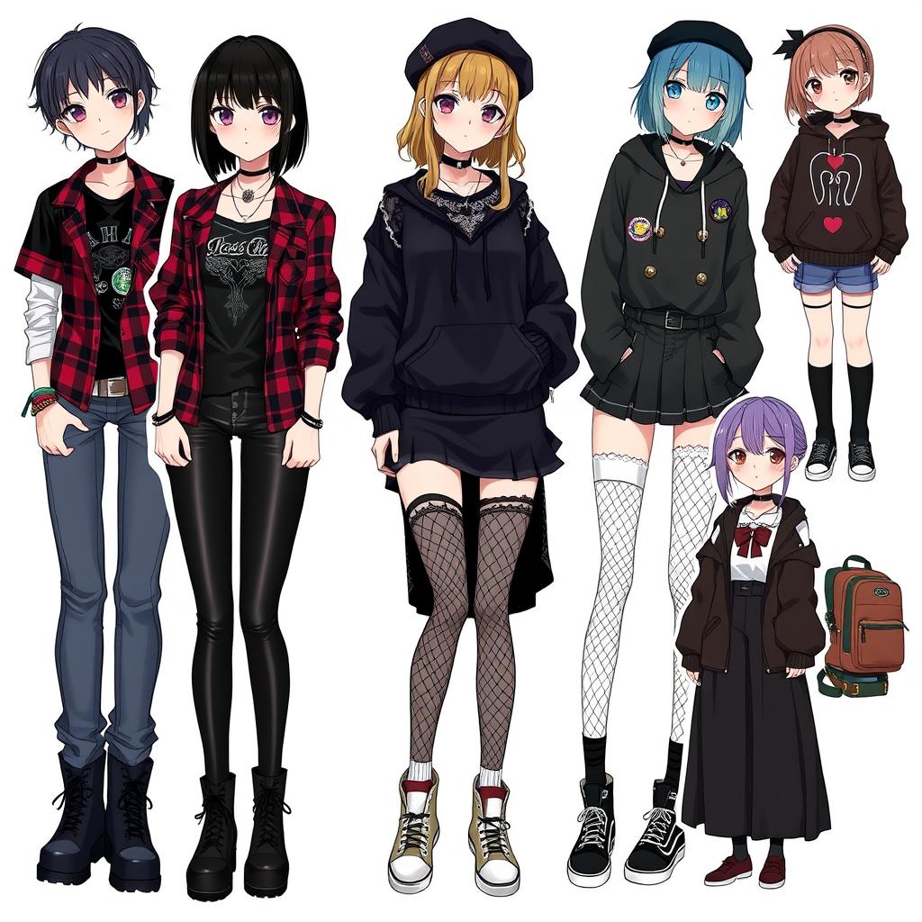 A diverse collection of outfit ideas for an anime girl inspired by an emo girl theme, showcasing dark, edgy, and expressive fashion styles