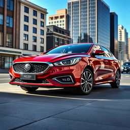 A sleek and modern MG 350 sedan parked in an urban setting, showcasing its elegant design and smooth curves
