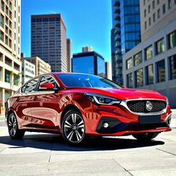 A sleek and modern MG 350 sedan parked in an urban setting, showcasing its elegant design and smooth curves