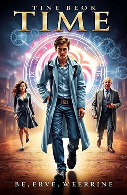 A dramatic book cover featuring a young scientist confidently walking away from a dazzling time portal or time machine, leaving behind a woman and a wealthy man