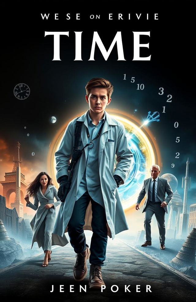 A dramatic book cover featuring a young scientist confidently walking away from a dazzling time portal or time machine, leaving behind a woman and a wealthy man