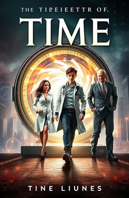 A dramatic book cover featuring a young scientist confidently walking away from a dazzling time portal or time machine, leaving behind a woman and a wealthy man