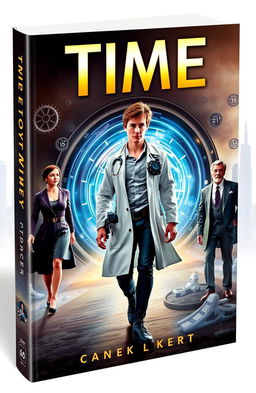 A dramatic book cover featuring a young scientist confidently walking away from a dazzling time portal or time machine, leaving behind a woman and a wealthy man