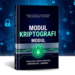 A book cover design for the title (in Bahasa Indonesia): 'MODUL KRIPTOGRAFI - FAKULTAS ILMU KOMPUTER - UNIVERSITAS JEMBER'