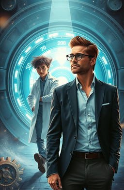 A book cover depicting a young, unattractive scientist with unkempt hair and thick glasses, walking away from a futuristic time portal/machine