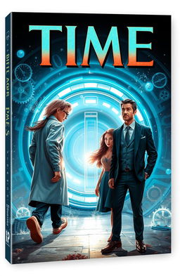 A book cover depicting a young, unattractive scientist with unkempt hair and thick glasses, walking away from a futuristic time portal/machine