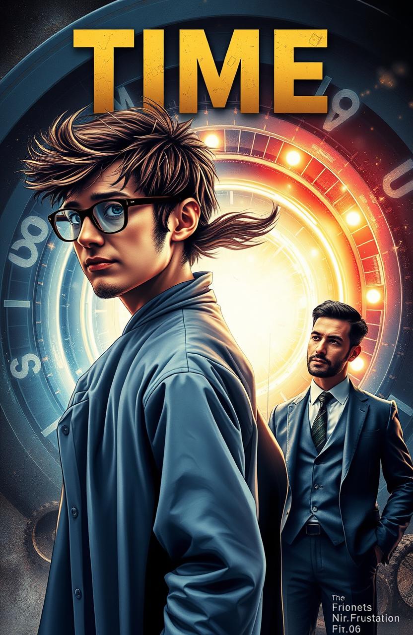A book cover depicting a young, unattractive scientist with unkempt hair and thick glasses, walking away from a futuristic time portal/machine