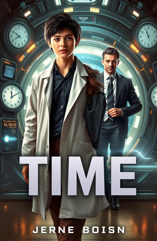 A dramatic book cover featuring a young scientist, with short dark hair and wearing a lab coat, confidently walking away from a futuristic time portal or time machine