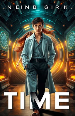A dramatic book cover featuring a young scientist, with short dark hair and wearing a lab coat, confidently walking away from a futuristic time portal or time machine