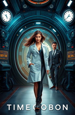 A dramatic book cover featuring a young scientist, with short dark hair and wearing a lab coat, confidently walking away from a futuristic time portal or time machine