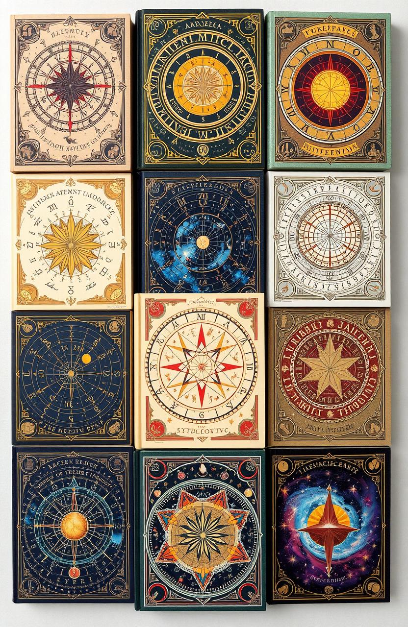 A collection of imaginative book covers related to astrology, showcasing various themes such as celestial bodies, zodiac signs, star maps, and mystical motifs