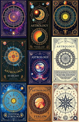 A collection of imaginative book covers related to astrology, showcasing various themes such as celestial bodies, zodiac signs, star maps, and mystical motifs