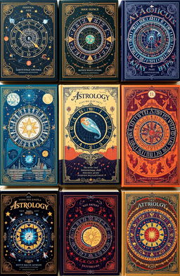 A collection of imaginative book covers related to astrology, showcasing various themes such as celestial bodies, zodiac signs, star maps, and mystical motifs