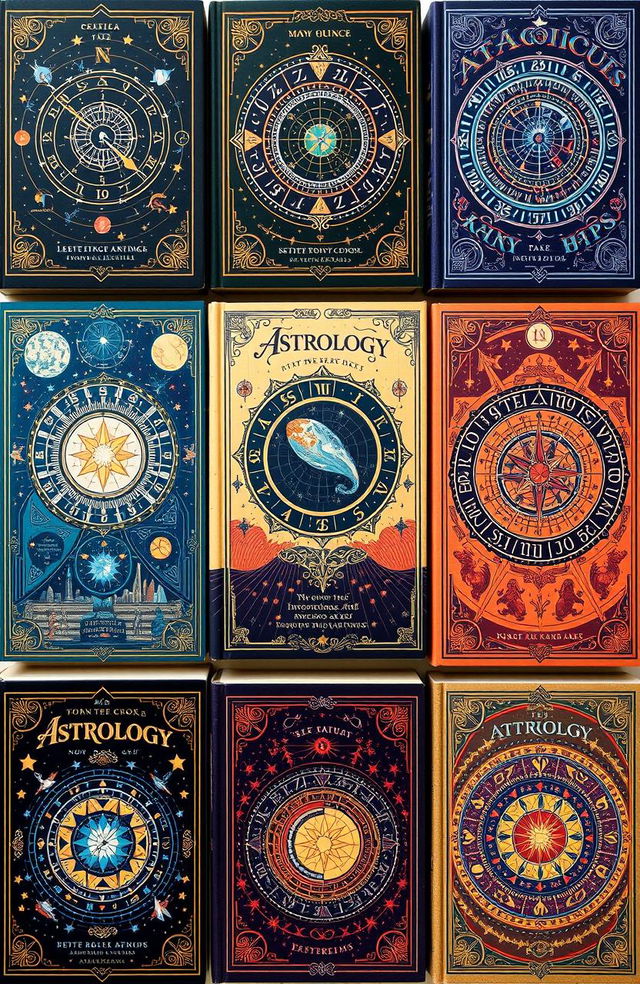 A collection of imaginative book covers related to astrology, showcasing various themes such as celestial bodies, zodiac signs, star maps, and mystical motifs