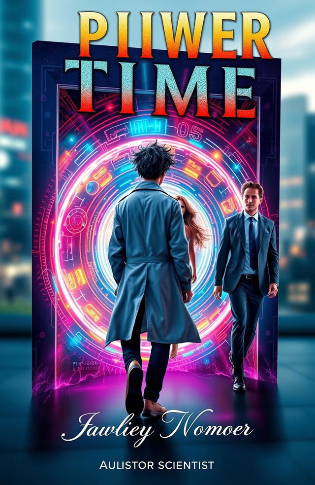 A captivating book cover featuring a young scientist, depicted as a confident individual with messy hair and wearing a stylish lab coat, walking away from a couple in a mesmerizing time portal