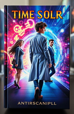 A captivating book cover featuring a young scientist, depicted as a confident individual with messy hair and wearing a stylish lab coat, walking away from a couple in a mesmerizing time portal