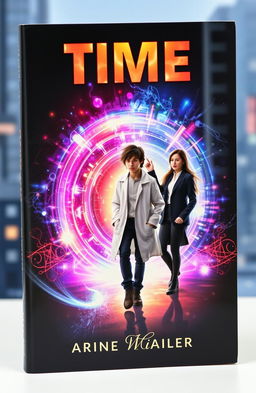 A captivating book cover featuring a young scientist, depicted as a confident individual with messy hair and wearing a stylish lab coat, walking away from a couple in a mesmerizing time portal