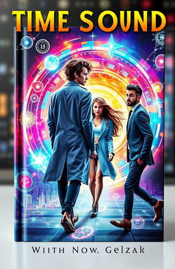 A captivating book cover featuring a young scientist, depicted as a confident individual with messy hair and wearing a stylish lab coat, walking away from a couple in a mesmerizing time portal