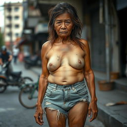 A 50-year-old Thai homeless woman, with a rough and weathered face, long disheveled hair