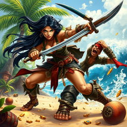 A fierce, detailed portrayal of a human female pirate, with flowing black hair and striking green eyes, dressed in a tattered yet stylish pirate outfit, brandishing a cutlass while fiercely attacking a cowardly male pirate who is recoiling in fear