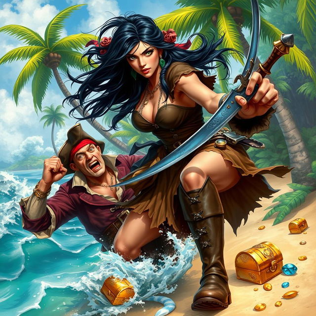 A fierce, detailed portrayal of a human female pirate, with flowing black hair and striking green eyes, dressed in a tattered yet stylish pirate outfit, brandishing a cutlass while fiercely attacking a cowardly male pirate who is recoiling in fear