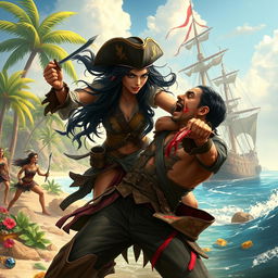 A fierce, detailed scene featuring a human female pirate with flowing black hair and striking green eyes, dressed in a tattered yet stylish pirate outfit, attacking a cowardly male pirate who is bleeding and recoiling in fear