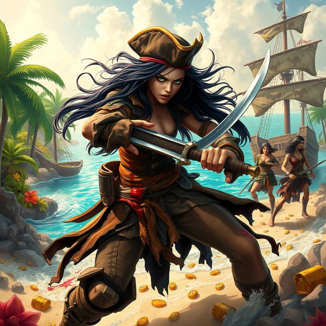 A fierce, detailed scene featuring a human female pirate with flowing black hair and striking green eyes, dressed in a tattered yet stylish pirate outfit, attacking a cowardly male pirate who is bleeding and recoiling in fear