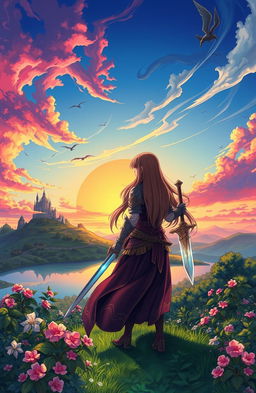 Anime-style illustration of a fantasy landscape featuring a vibrant sunset with a silhouette of a majestic castle on a distant hill