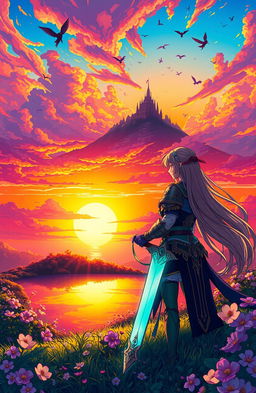 Anime-style illustration of a fantasy landscape featuring a vibrant sunset with a silhouette of a majestic castle on a distant hill