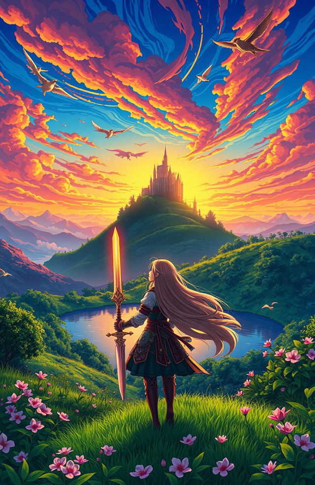 Anime-style illustration of a fantasy landscape featuring a vibrant sunset with a silhouette of a majestic castle on a distant hill