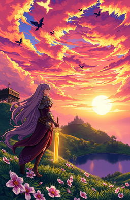 Anime-style illustration of a fantasy landscape featuring a vibrant sunset with a silhouette of a majestic castle on a distant hill