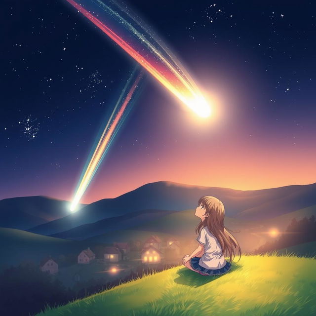 An anime-style illustration featuring a stunning comet streaking across a starry night sky