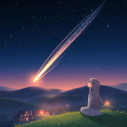 An anime-style illustration featuring a stunning comet streaking across a starry night sky