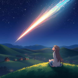 An anime-style illustration featuring a stunning comet streaking across a starry night sky