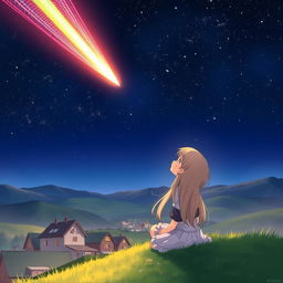 An anime-style illustration featuring a stunning comet streaking across a starry night sky